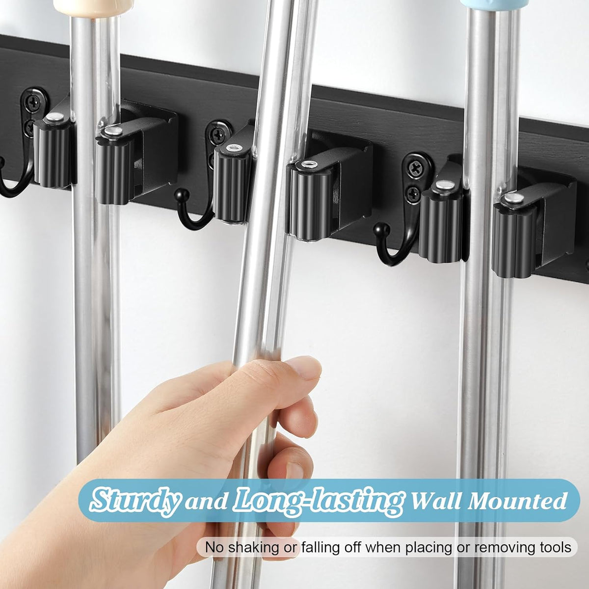 Black Broom Holder Wall Mount - Heavy Duty Wood Mop and Broom