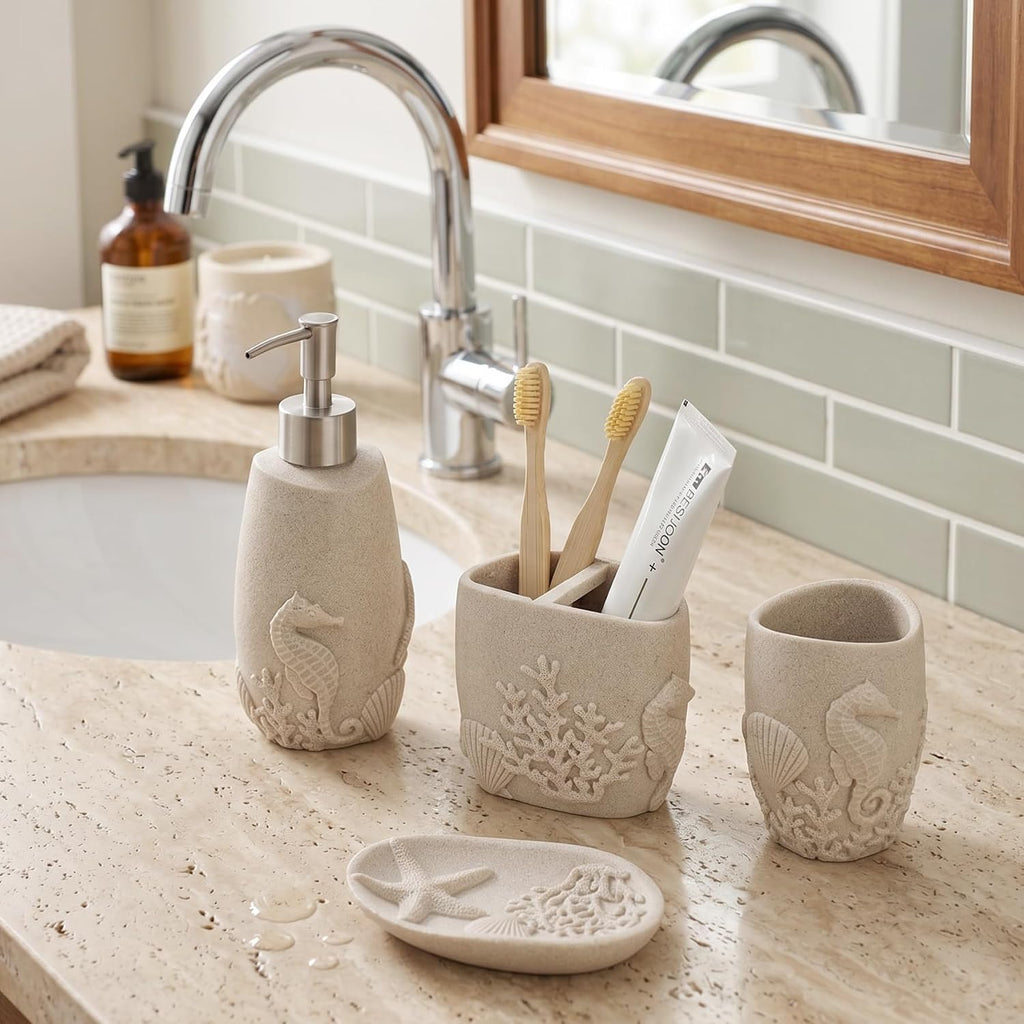 Bathroom Accessories Set, 4 PCS, Sea Bathroom Decor, Sandstone Look