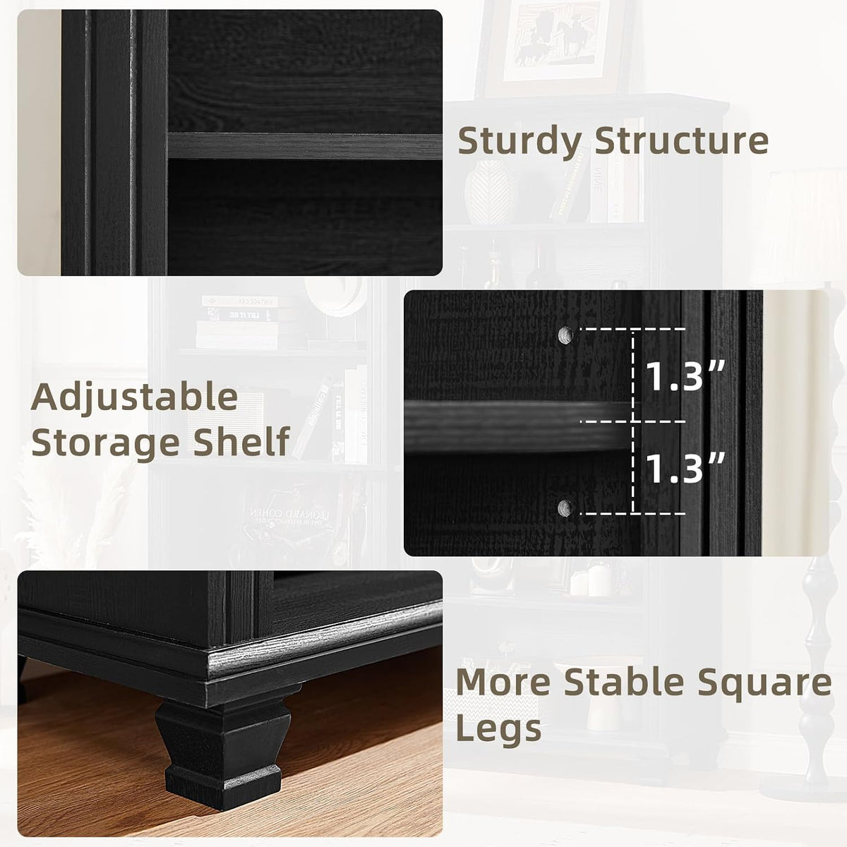70" Tall Black Bookshelf,5 Tier Wooden Book Shelf with Adjustable