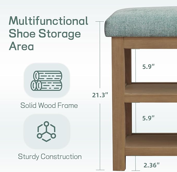 Shoe Rack Bench with Cushion, 2 Tier Solid Wood Storage Bench, Mid-Century - Image 5