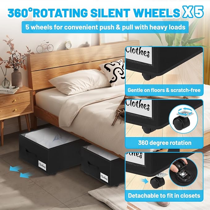 2 Pack Under Bed Storage with Wheels 10" Height, Rolling Storage Bins XXL 60L - Image 4