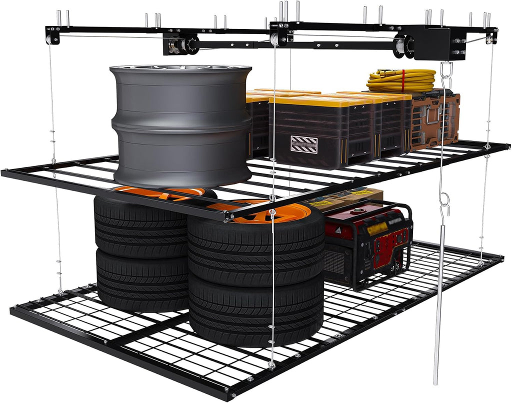 4x8FT Double-Layer Overhead Garage Storage Rack for High Ceilings