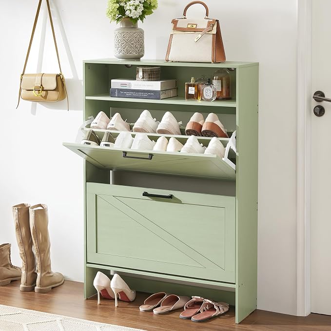 Shoe Storage Cabinet with 2 Flip Drawers, Farmhouse Shoe Organizer with Legs - Image 6