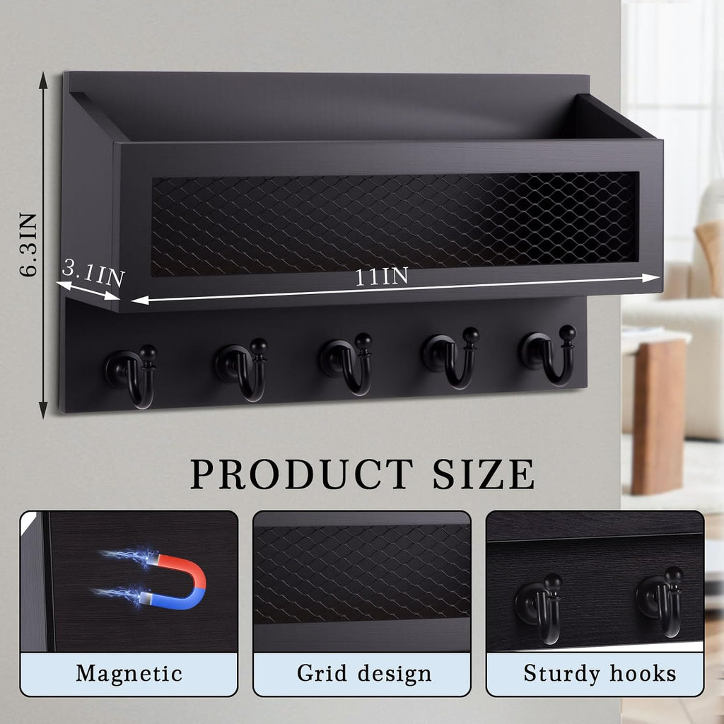 Magnetic Mail and Key Holder with 5 Hooks, Classic Style, Black