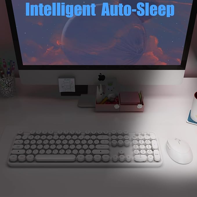 Wireless Keyboard Mouse Combo, 104 Keys Cute White Keyboard - Image 7