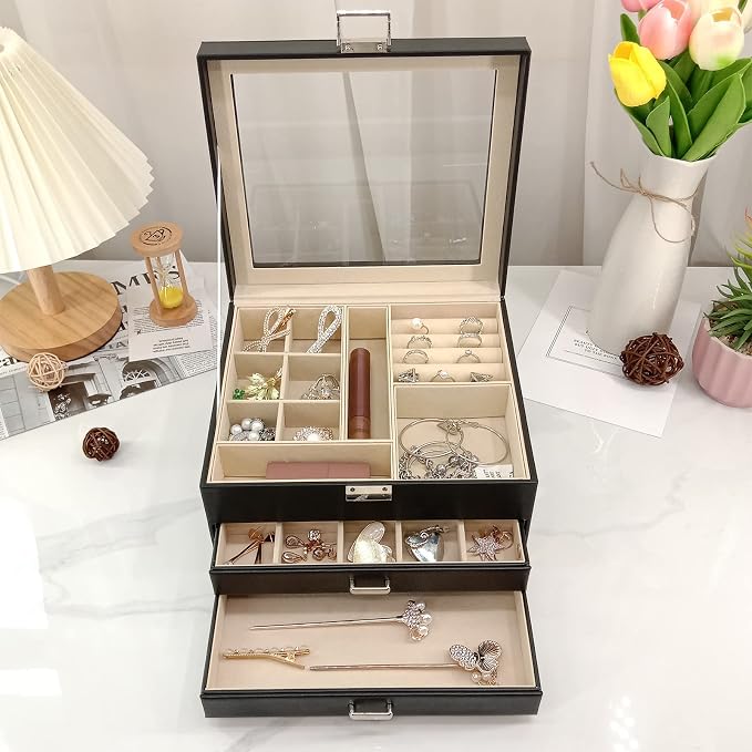 BOOVO Clear Lid Jewelry Box, 3 Layers Jewelry Organizer Large Multi-Functional - Image 8