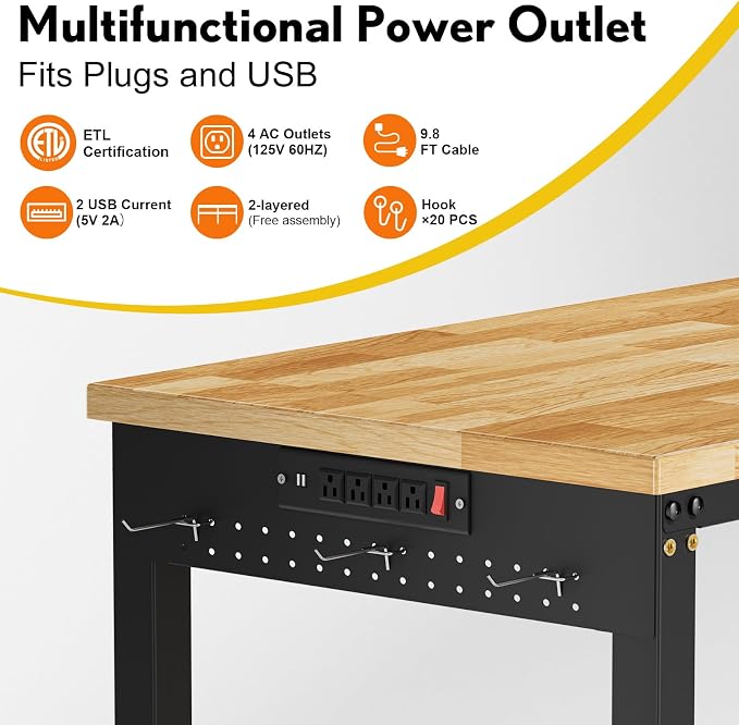 96” Adjustable Work Bench, 2-Layer Heavy Duty Workbench, 6000 LBS Capacity - Image 6