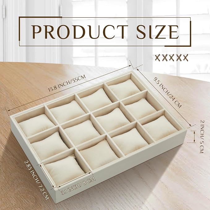 Henoyso 2 Pieces 12 Grid Velvet Watch Tray Jewelry Organizer Stackable Watch - Image 2