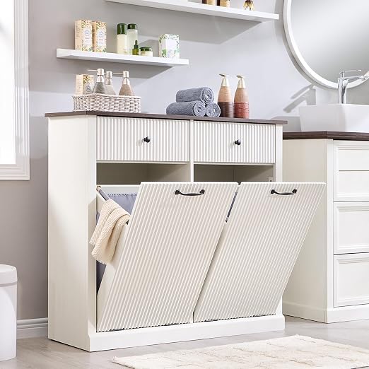 Modern Double Tilt-Out Trash Cabinet, 20 Gallon Fluted Laundry Hamper Cabinet - Image 6