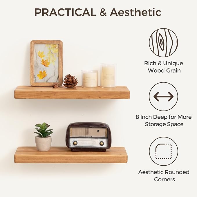 Fun Memories 24 Inch Floating Shelves, Solid Elm Wood Wall Shelf - Image 4