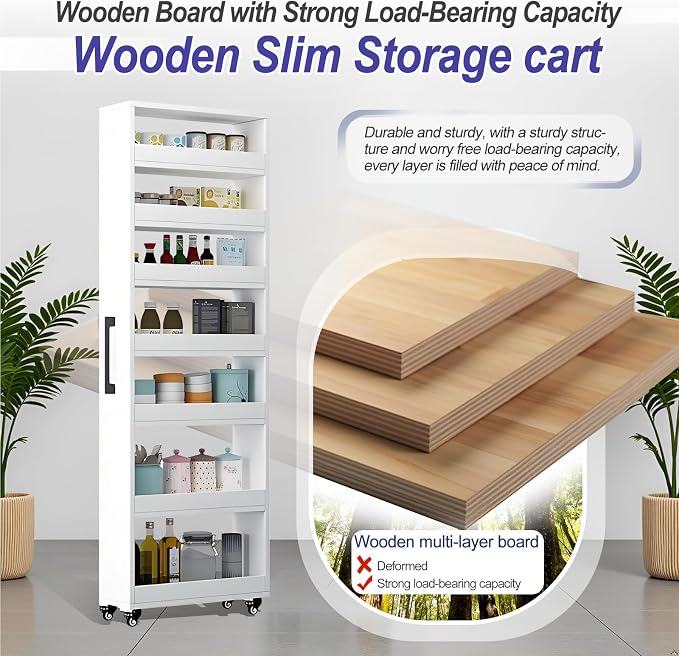 7-Tier Slim Storage Cart, Wooden Rolling Pantry Cabinet - Image 4