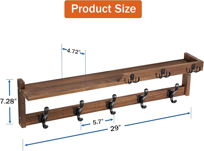 29'' Coat Rack Wall Mount with Shelf, Coat Hanger Wall Mount with Key Hooks and - Image 6