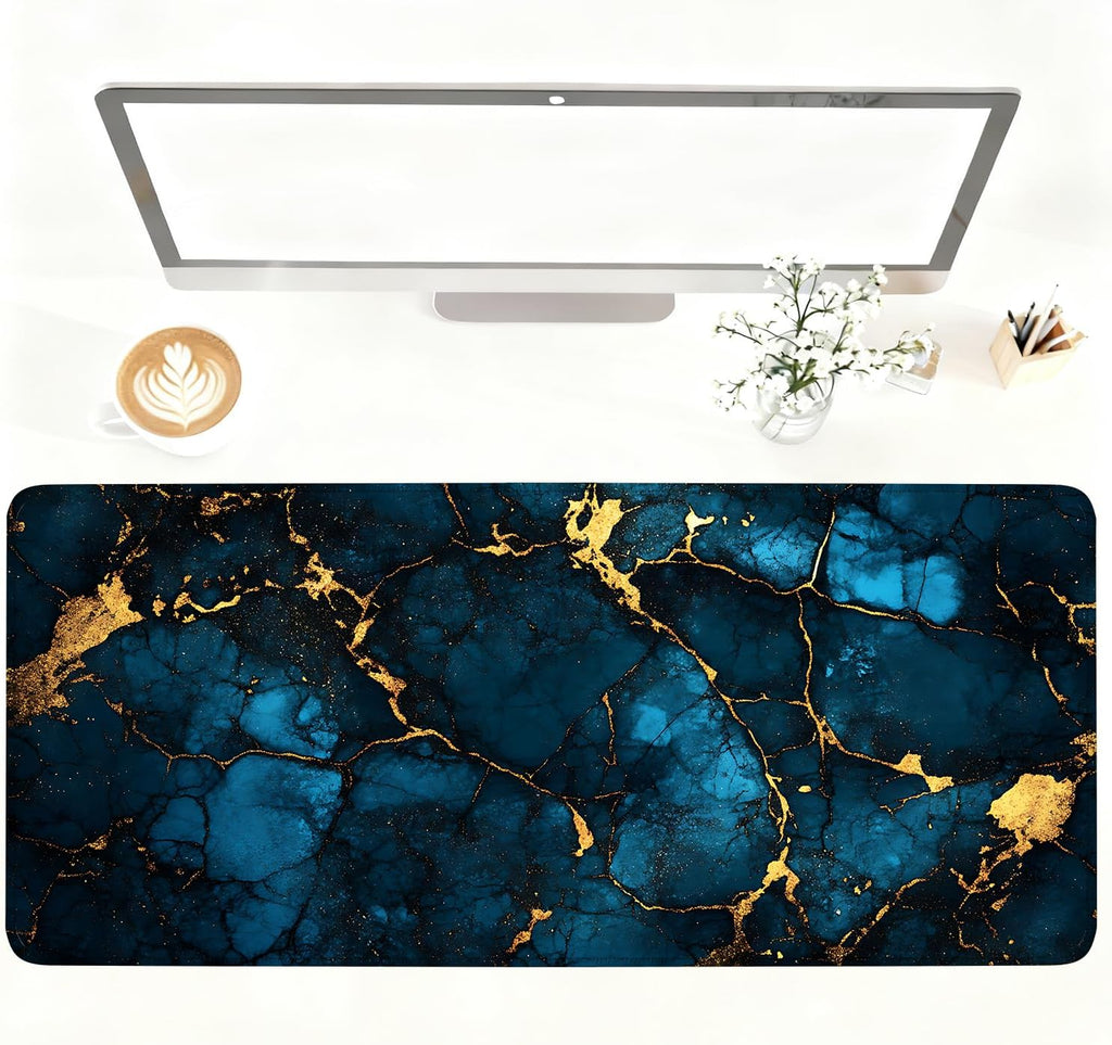 Blue Marble Gold Vein Mouse Pad – Large Extended Desk Mat 35.43 x