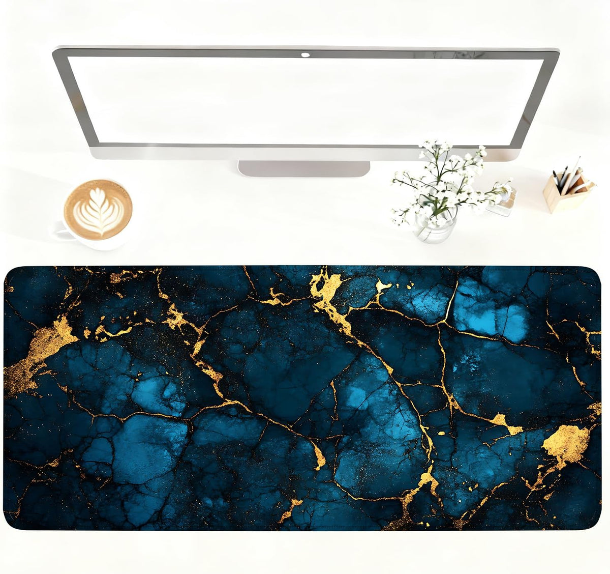 Blue Marble Gold Vein Mouse Pad – Large Extended Desk Mat 35.43 x
