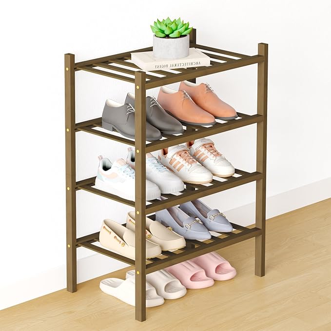 Smiry Bamboo Shoe Rack for Closet, 4 Tier Small Wooden Stackable Shoe Organizer by Smiry