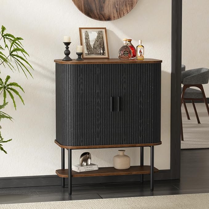 Black Coffee Bar Cabinet with Storage, Fluted Wine Liquor Cabinet with Sliding - Image 3