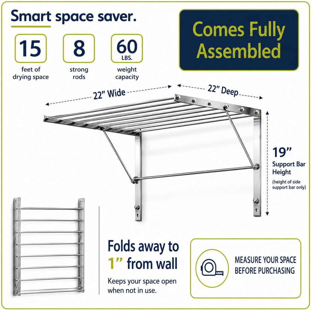 Wall Mounted Clothes Drying Rack, 22" Wide