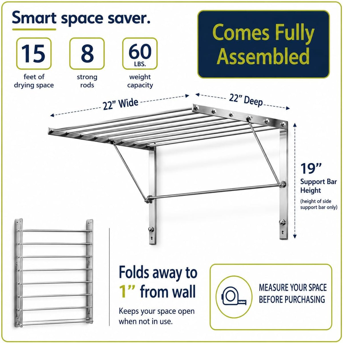 Wall Mounted Clothes Drying Rack, 22" Wide