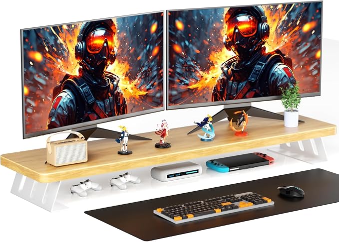 Dual Monitor Stand Riser, 39 Inch Large Wood Monitor Stands by NestNeatHome