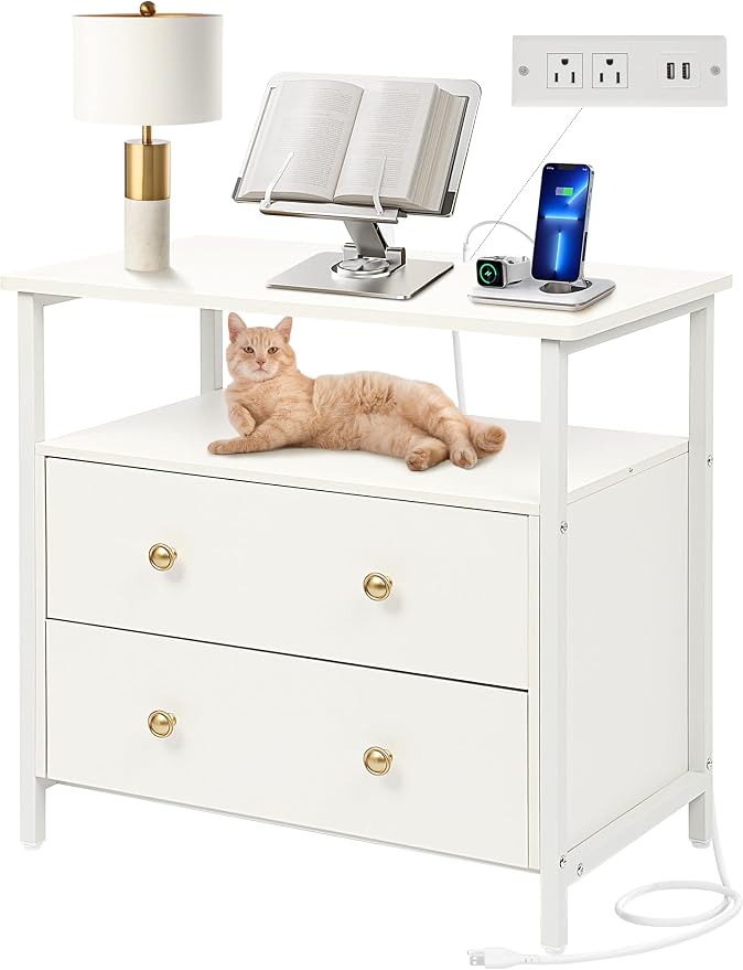 27 inch Wide Night Stand with Charging Station, Bedside Table with Open Shelf by Edbuosy