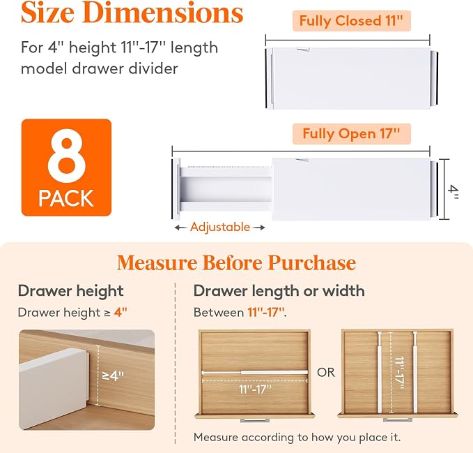 Lifewit 8 Pack Drawer Dividers 4" High, 11-17" Adjustable Dresser Drawer - Image 2