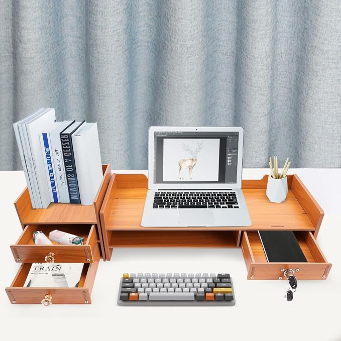 Wood Monitor Stand Riser with 3 Drawers & Lockable Storage – Desktop Organizer - Image 6