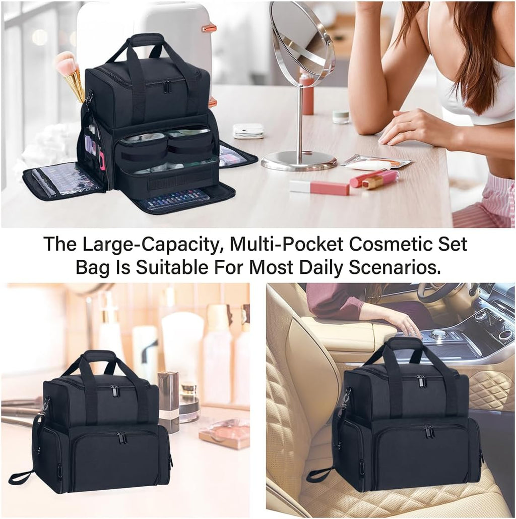 Large Makeup Bag with 3 Removable Case and 2 Removable Dividers,Black