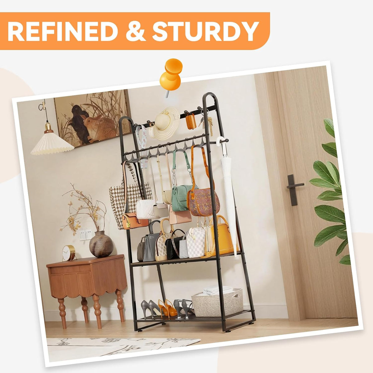 Purse Organizer for Closet, Purse Rack - Tall Purse Shelf with 8 Hooks