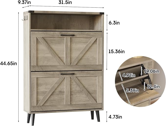 Shoe Cabinet with 2 Flip Drawers & Open Storage, Farmhouse Shoe Storage Cabinet - Image 2