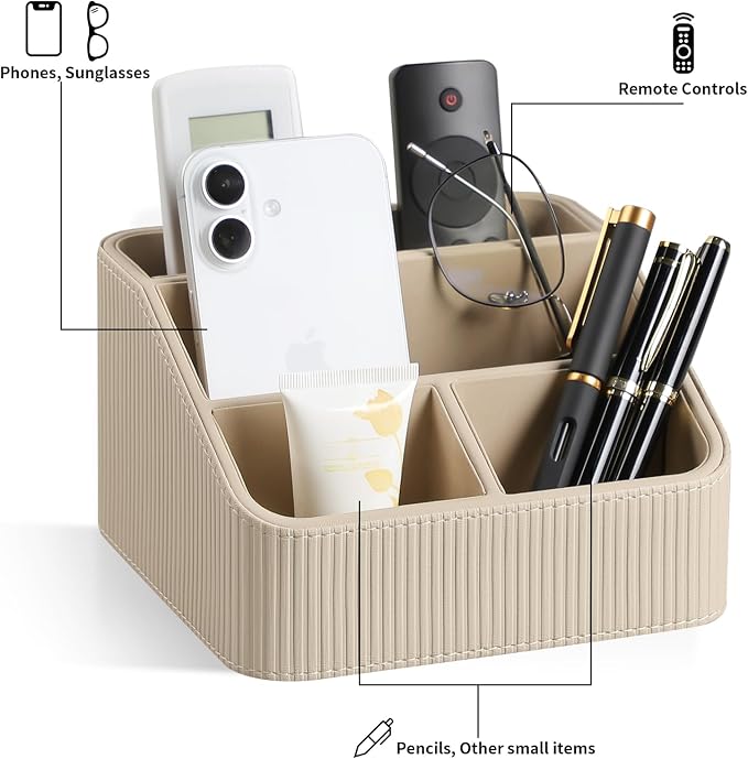 Remote Control Holder with 4 Compartments, PU Leather Small Nightstand Organizer - Image 4