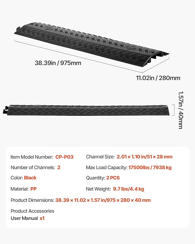 VEVOR 2 Pack Drop Over Cable Cover, 2 Channel Heavy Duty Cable Hose Protector - Image 7
