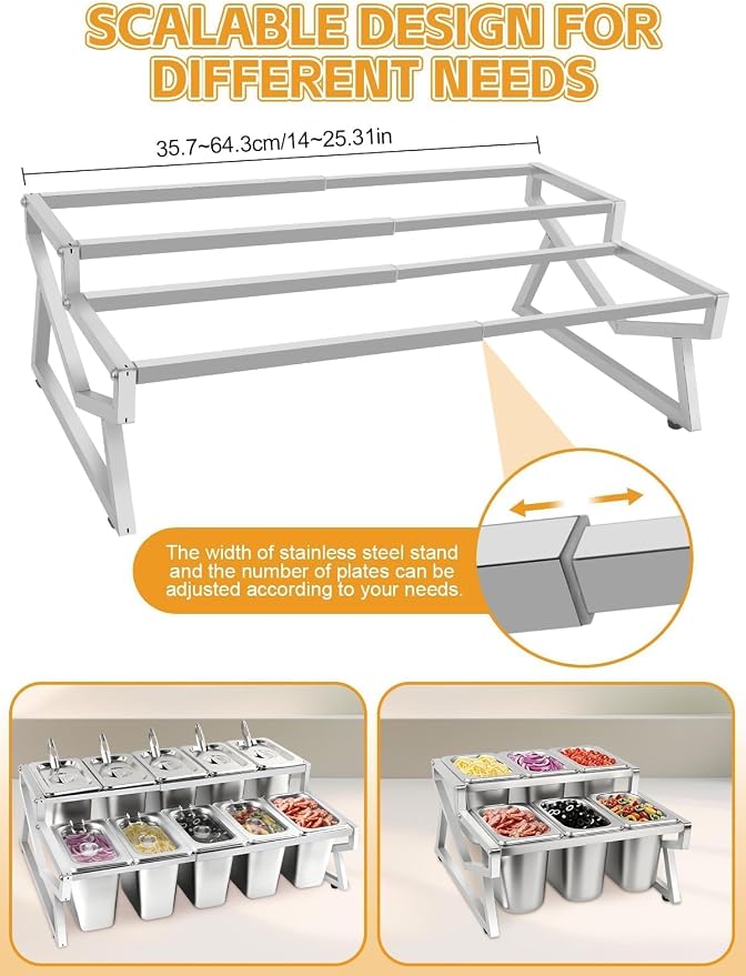 Kalolary 10 Pans Pizza Topping Storage Station, 2 Row Adjustable Stainless - Image 4