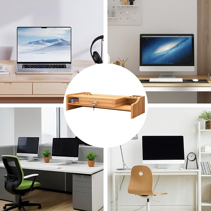 Computer Monitor Stand, Wooden Desktop Organizer Shelf - Image 4