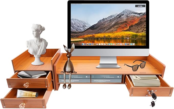 Wood Monitor Stand Riser with 3 Drawers & Lockable Storage – Desktop Organizer by YCWSPEMREssentials