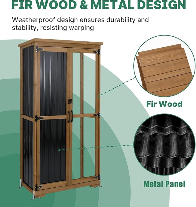 Outdoor Storage Cabinet, Wood & Metal Tall Tool Shed - Image 4