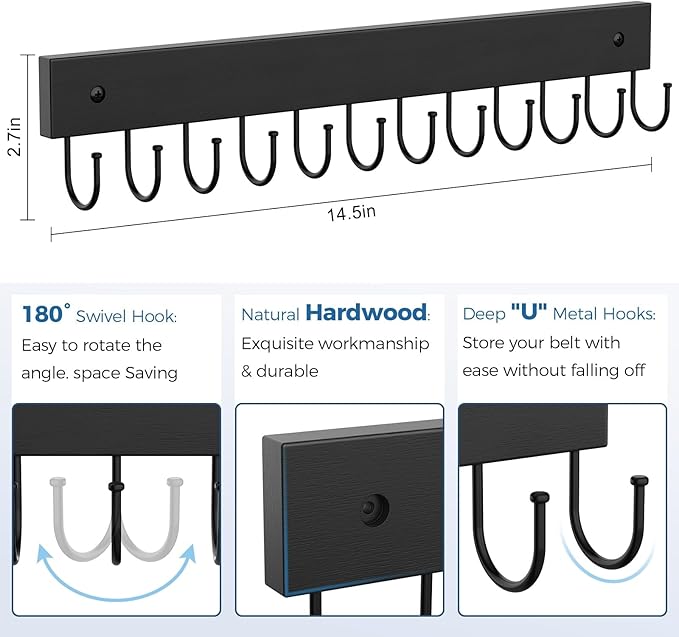 Belt Hanger Wall Mounted, Wooden Belt Organizer 2 Pack Max 24 Storage Capacity - Image 3