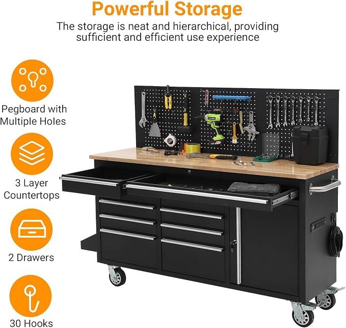 Rolling Tool Chest, 61 in Garage 10 Drawers Workbench Storage Tool Cabinet - Image 3