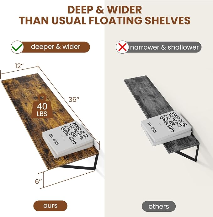Heimlove Deep Floating Shelves for Wall, 36W x 12D Wood Wall Shelves Set of 2 - Image 3