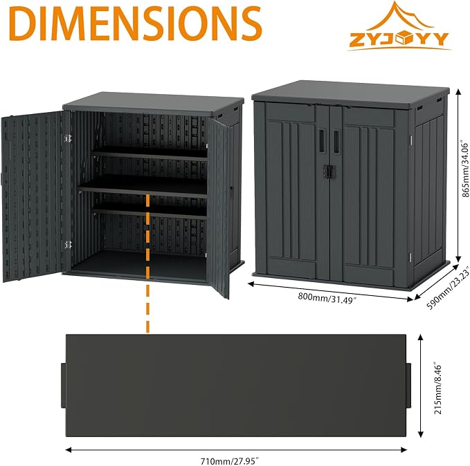 Outdoor Storage Cabinet with 2 Shelves, Waterproof Resin Horizontal Tool Shed - Image 3