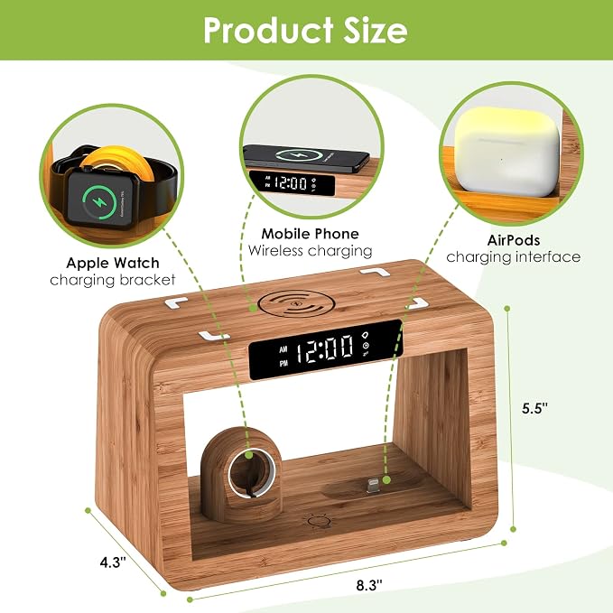 Bamboo Wireless Charging Station, Night Light - Image 4