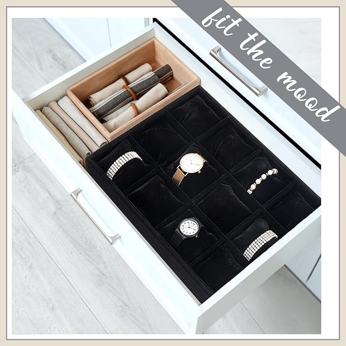 Henoyso 2 Pieces 12 Grid Velvet Watch Tray Jewelry Organizer Stackable Watch - Image 6