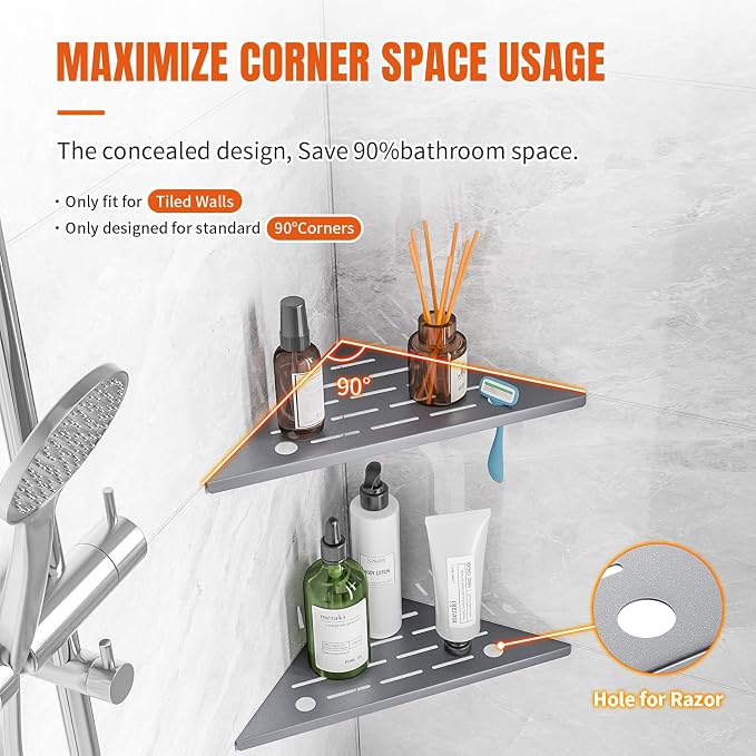 Corner Shower Shelf with Rozar Hole, Rustproof Stainless Steel Corner Shower - Image 3