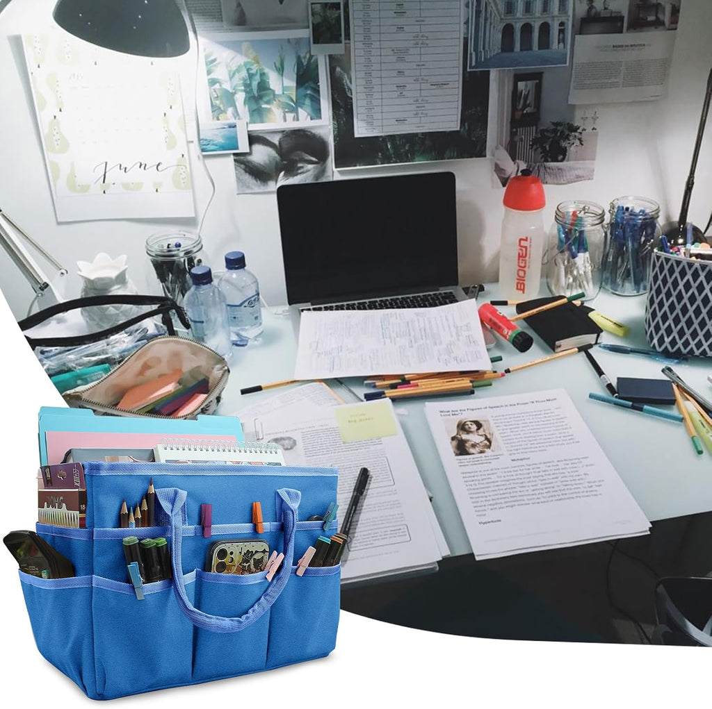 Cupohus Craft Organizer Bag, Blue Art Supply Tote with Multiple