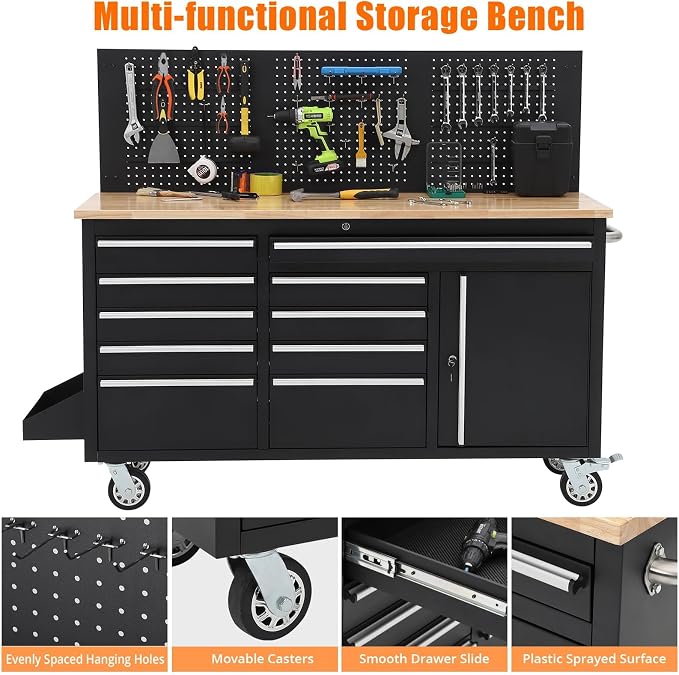 Rolling Tool Chest, 61 in Garage 10 Drawers Workbench Storage Tool Cabinet - Image 4