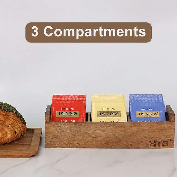 HTB Small Tea Bag Box Wooden, 3 Compartments Acacia Wood Tea Bag Chest - Image 5