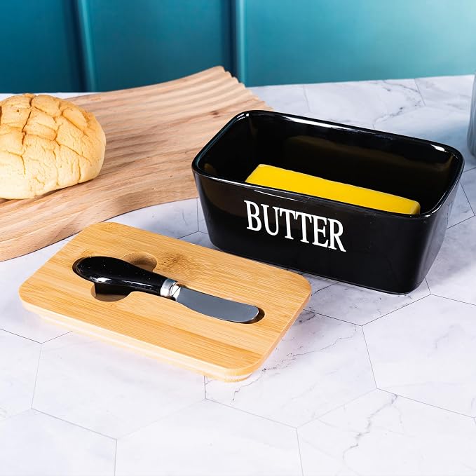 Black Butter Dish with Lid for Countertop, Large Ceramic Covered Butter Stick - Image 4