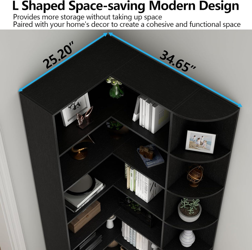 6-Tier Black Corner Bookshelf, 70.87" Tall L-Shaped Bookcase