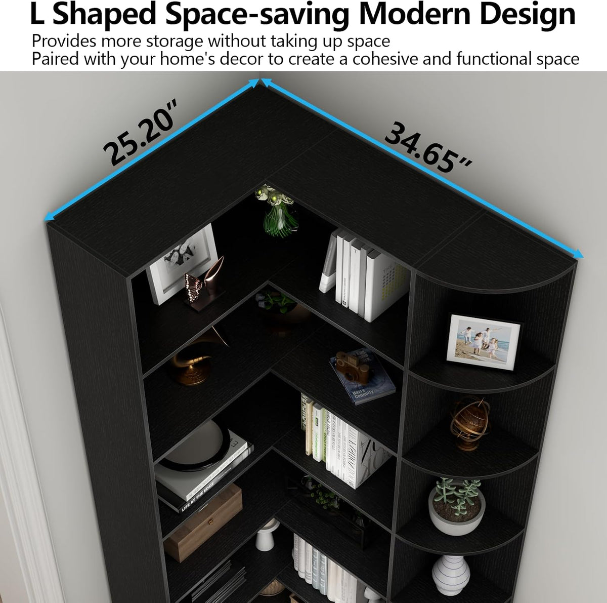 6-Tier Black Corner Bookshelf, 70.87" Tall L-Shaped Bookcase