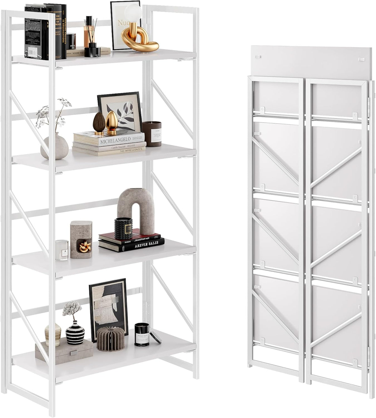 JSB No Assembly Folding Bookshelf, 4 Tier Industrial Metal Book Shelf