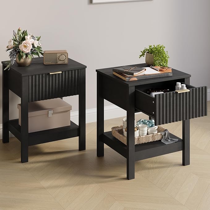 Fluted Night Stand with Golden Handle, Bedside Table with Storage Shelf - Image 7